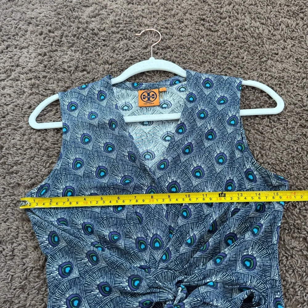 Tory Burch 100% Silk Wrap Dress Peacock Feather Print Sleeveless Purple Blue S - Picture 10 of 13